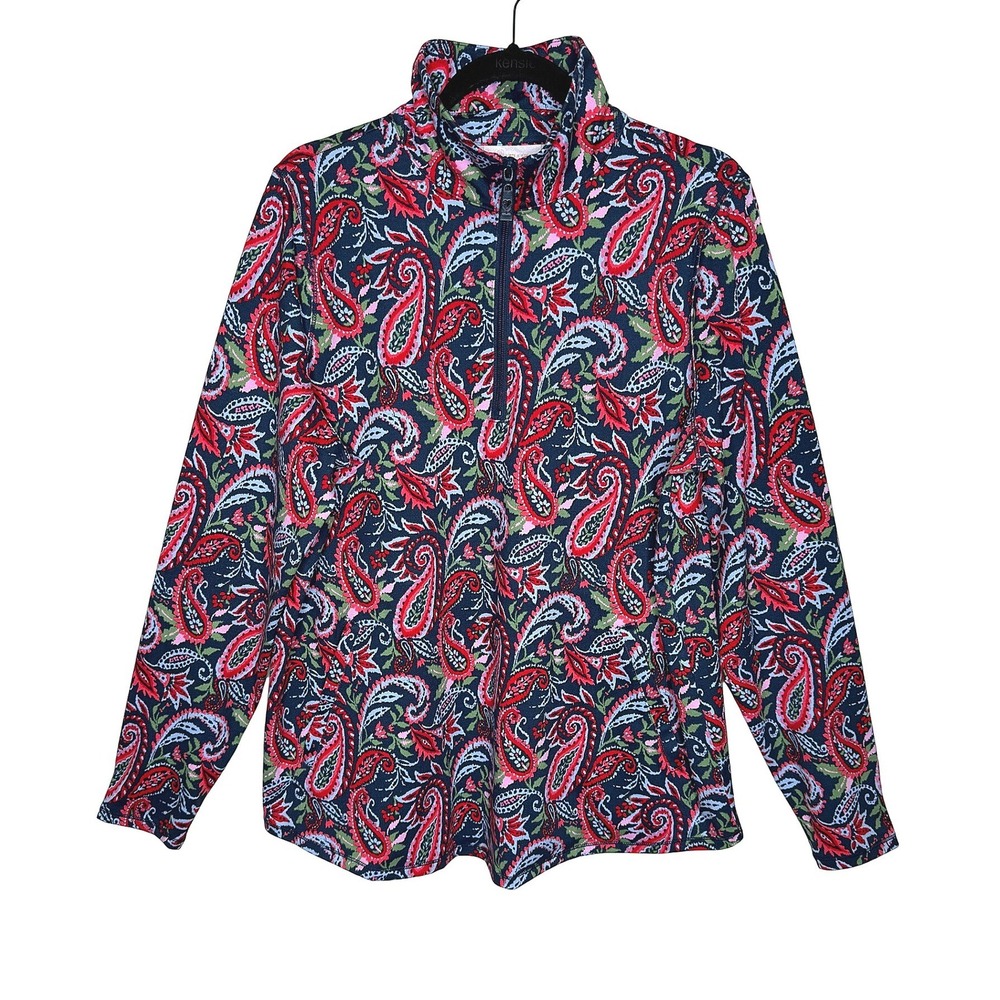 Belle by Kim Gravel Navy Red Green Paisley Zip-Front Top